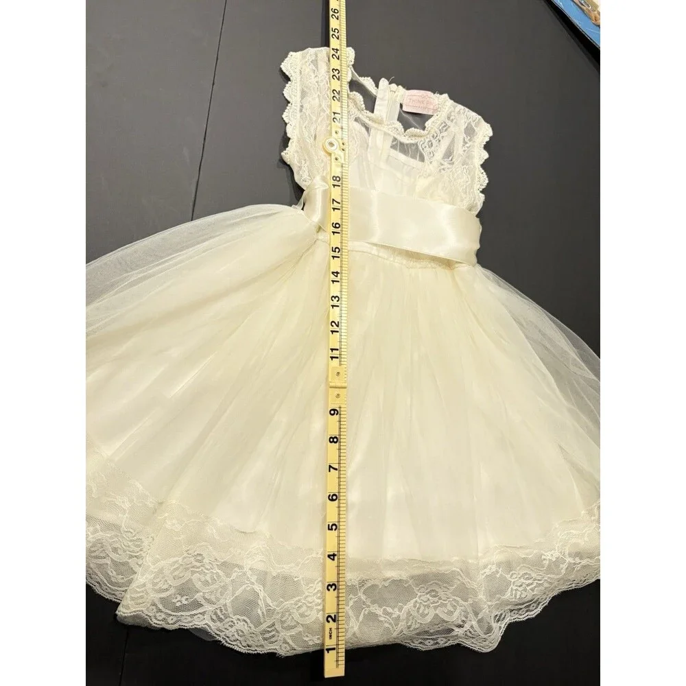 Girls Ivory Lace Tulle Dress Satin Bow Special Occasion Size 4-5